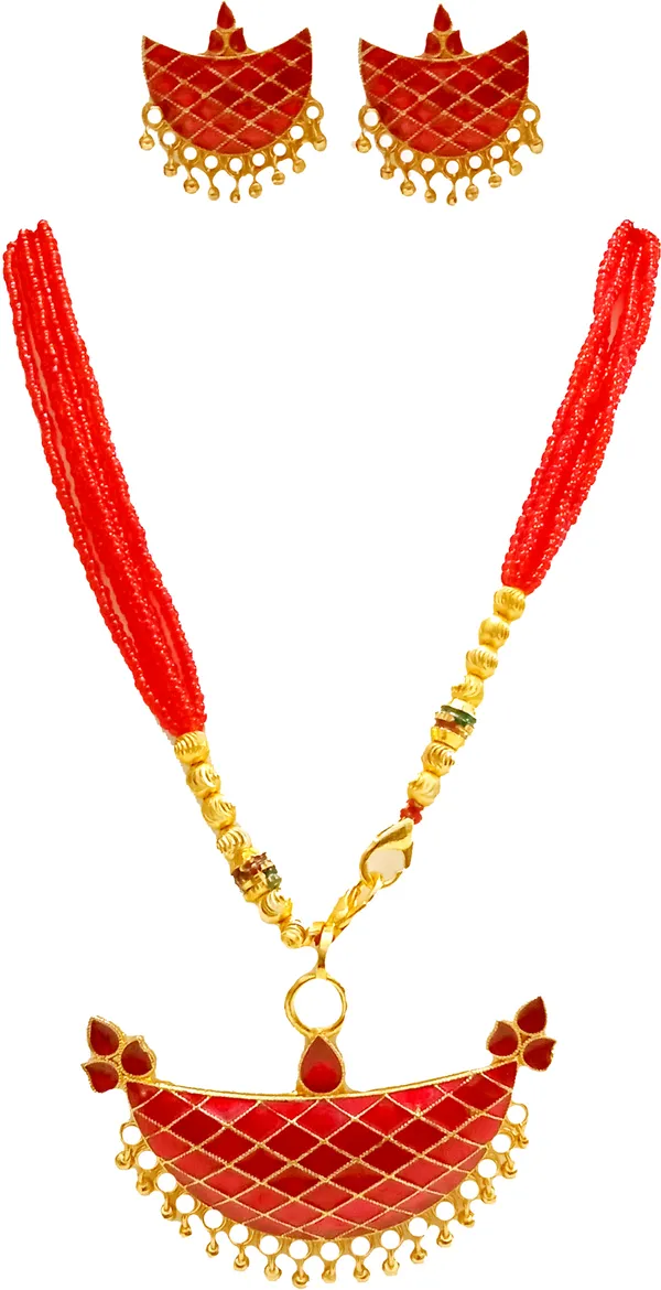 Assamese_Jewellery_Gold_Plated_Red_Colour_Joonbiri_Tassel_Jewellery_Set_For_Women_&_Girl